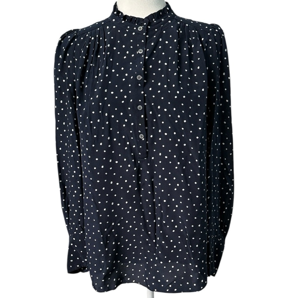 Hatch x J. Crew Silk Ruffle Popover Shirt in Navy Blue Fits Small Medium